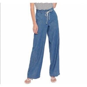 NYDJ New Wide Leg Ruffle Waist Drawstring Jeans Soft Chambray 24W